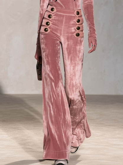Retro Pink Star Turtleneck Sailor Button Flare Pants Velvet Two-Piece Set