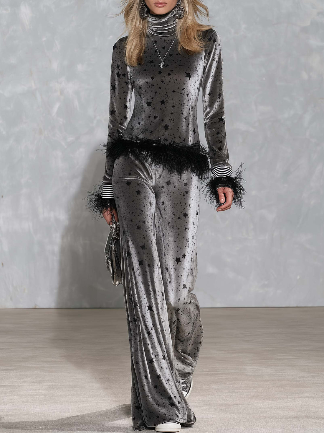 Retro Glam Star Print Grey Velvet Feather Trim Turtleneck Wide-Leg Pants Set