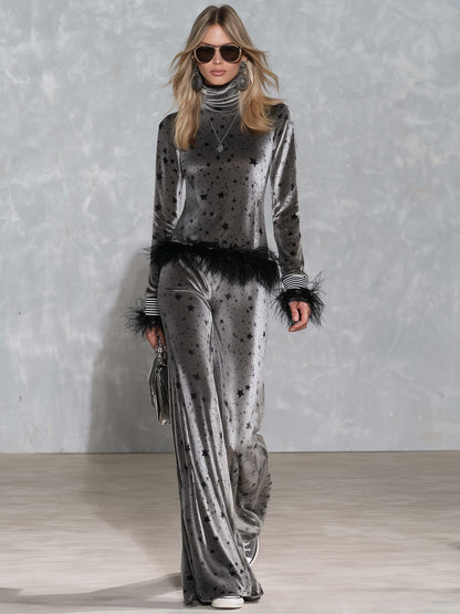 Retro Glam Star Print Grey Velvet Feather Trim Turtleneck Wide-Leg Pants Set