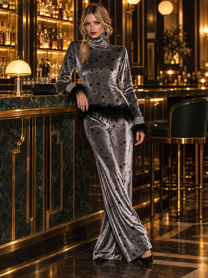 Retro Glam Star Print Grey Velvet Feather Trim Turtleneck Wide-Leg Pants Set