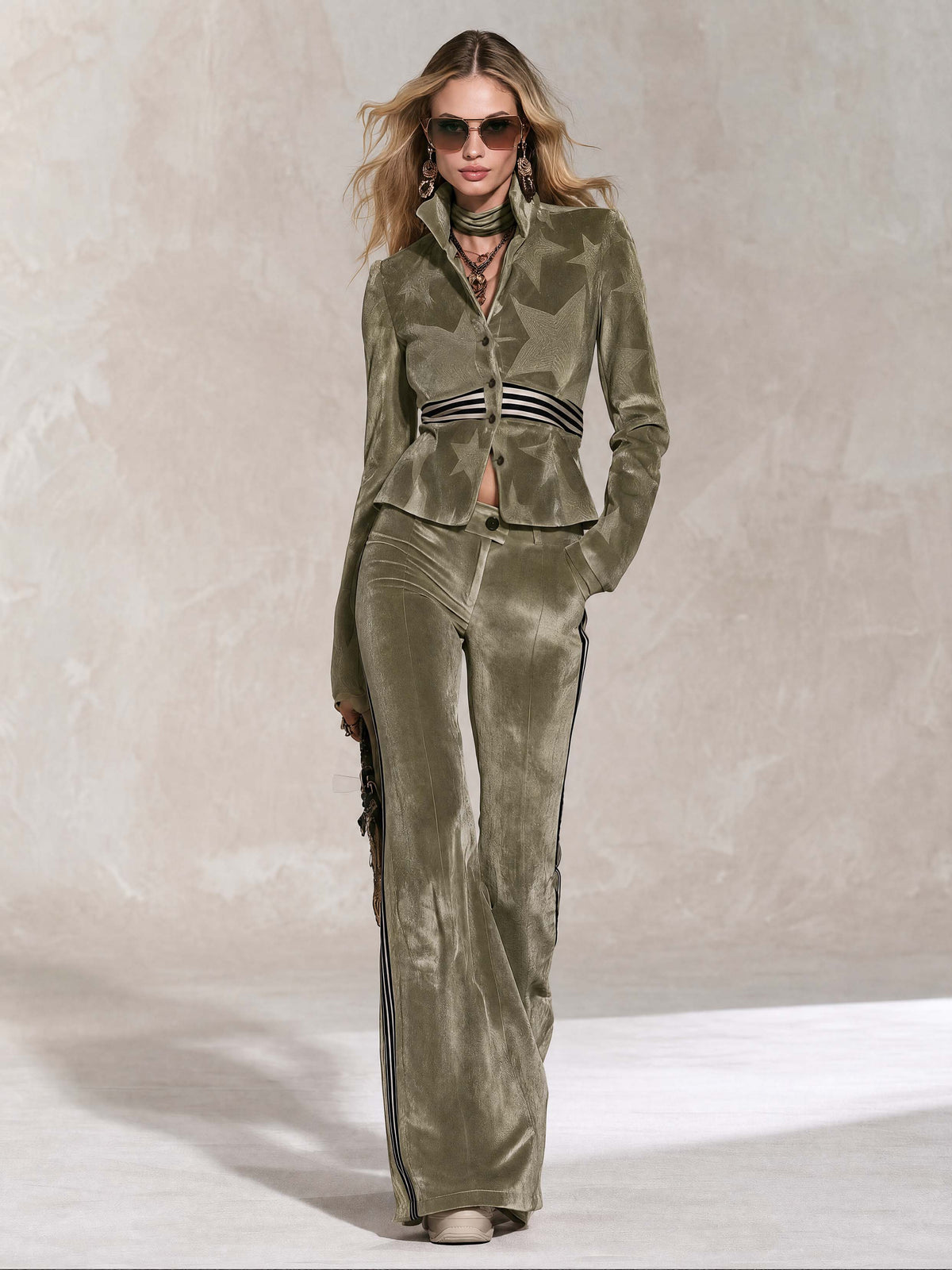 Retro Sporty Olive Star Velvet Peplum Jacket Side Stripe Flare Pants Set