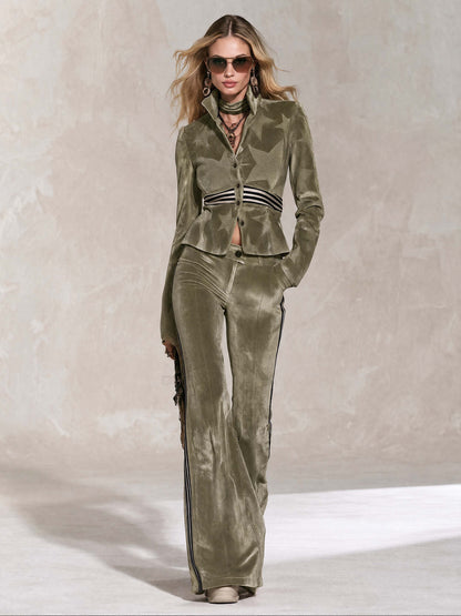 Retro Sporty Olive Star Velvet Peplum Jacket Side Stripe Flare Pants Set