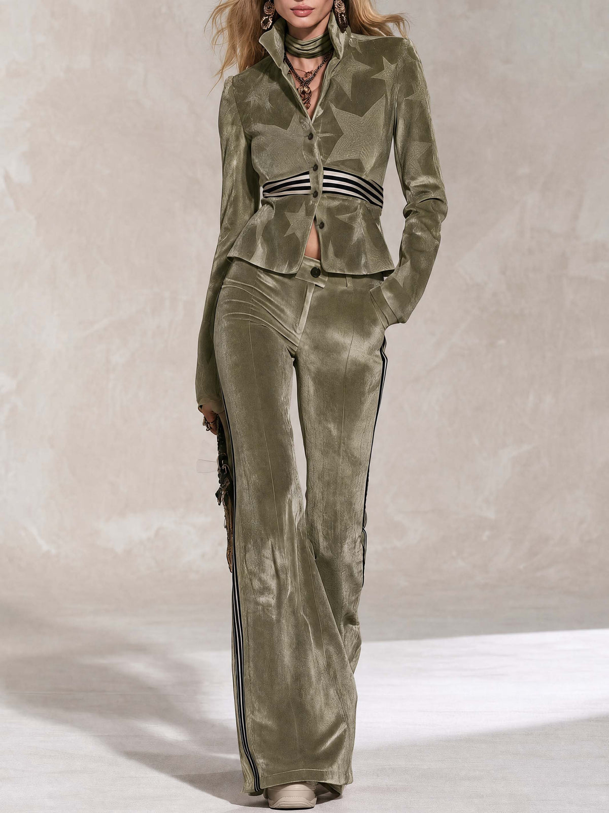 Retro Sporty Olive Star Velvet Peplum Jacket Side Stripe Flare Pants Set