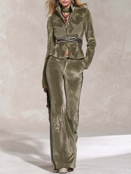 Retro Sporty Olive Star Velvet Peplum Jacket Side Stripe Flare Pants Set