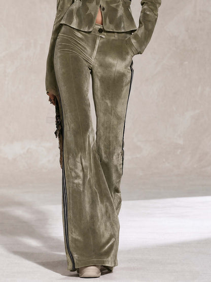 Retro Sporty Olive Star Velvet Peplum Jacket Side Stripe Flare Pants Set