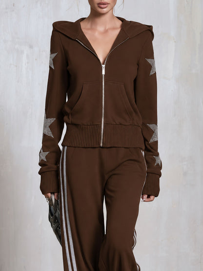 Casual Sporty Retro Silver Rhinestone And Trim Brown Zip-Up Sweatshirt And Pants Set
