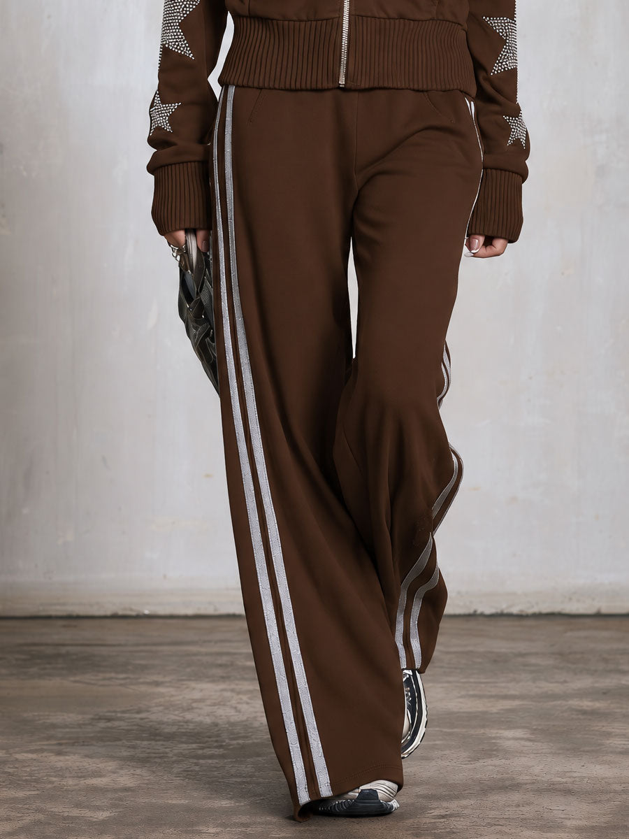 Casual Sporty Retro Silver Rhinestone And Trim Brown Zip-Up Sweatshirt And Pants Set