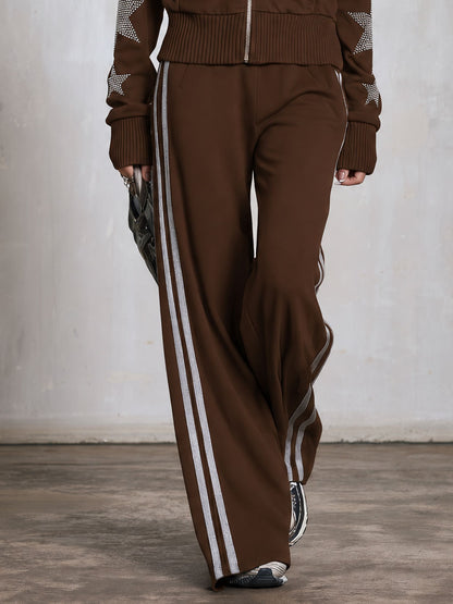 Casual Sporty Retro Silver Rhinestone And Trim Brown Zip-Up Sweatshirt And Pants Set
