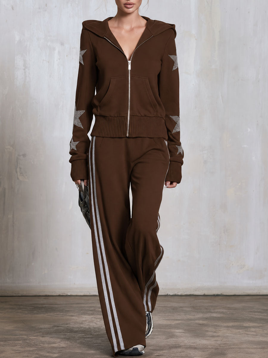 Casual Sporty Retro Silver Rhinestone And Trim Brown Zip-Up Sweatshirt And Pants Set