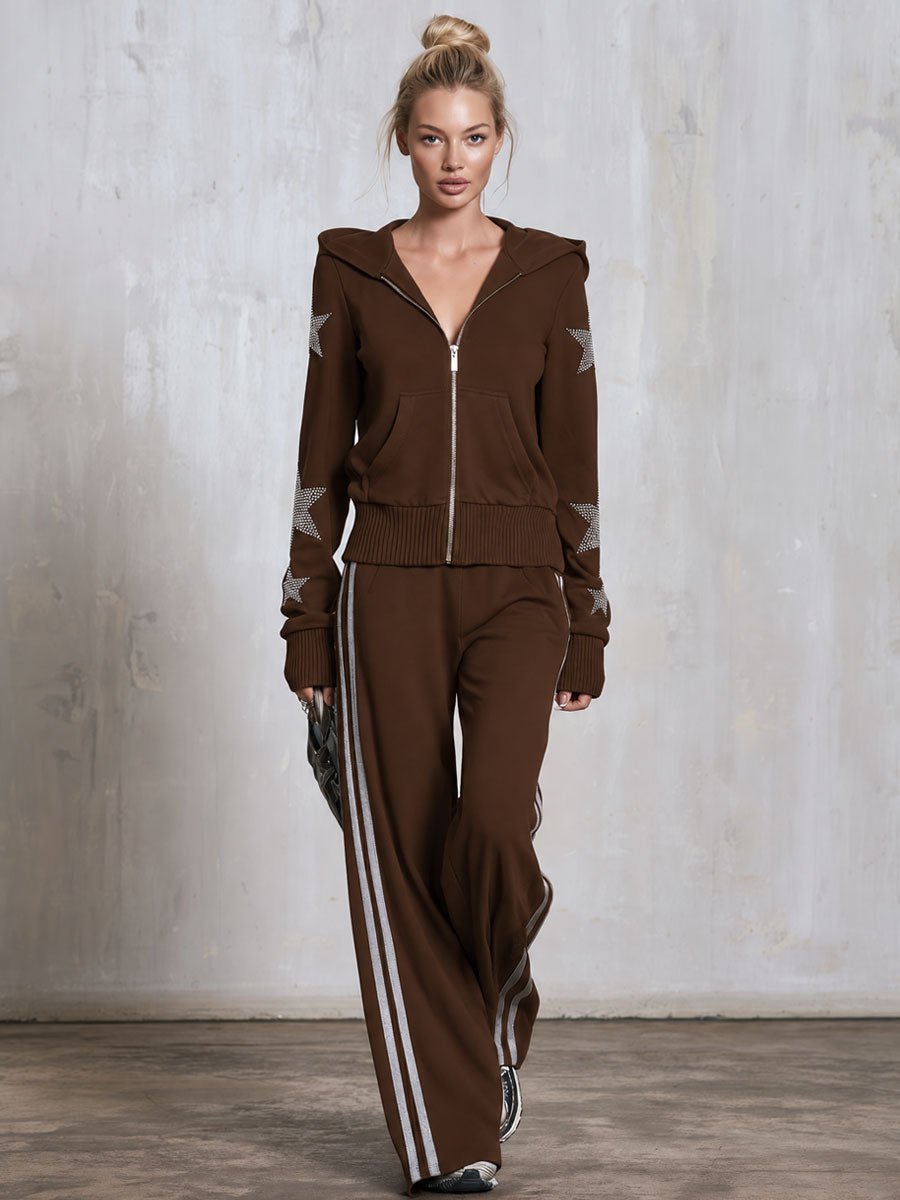 Casual Sporty Retro Silver Rhinestone And Trim Brown Zip-Up Sweatshirt And Pants Set