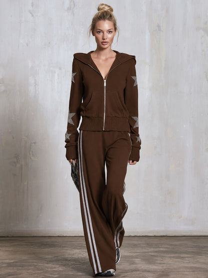 Casual Sporty Retro Silver Rhinestone And Trim Brown Zip-Up Sweatshirt And Pants Set