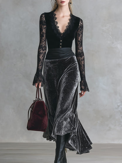 Elegant Party Black Lace And Grey Velvet Patchwork Maxi Dress