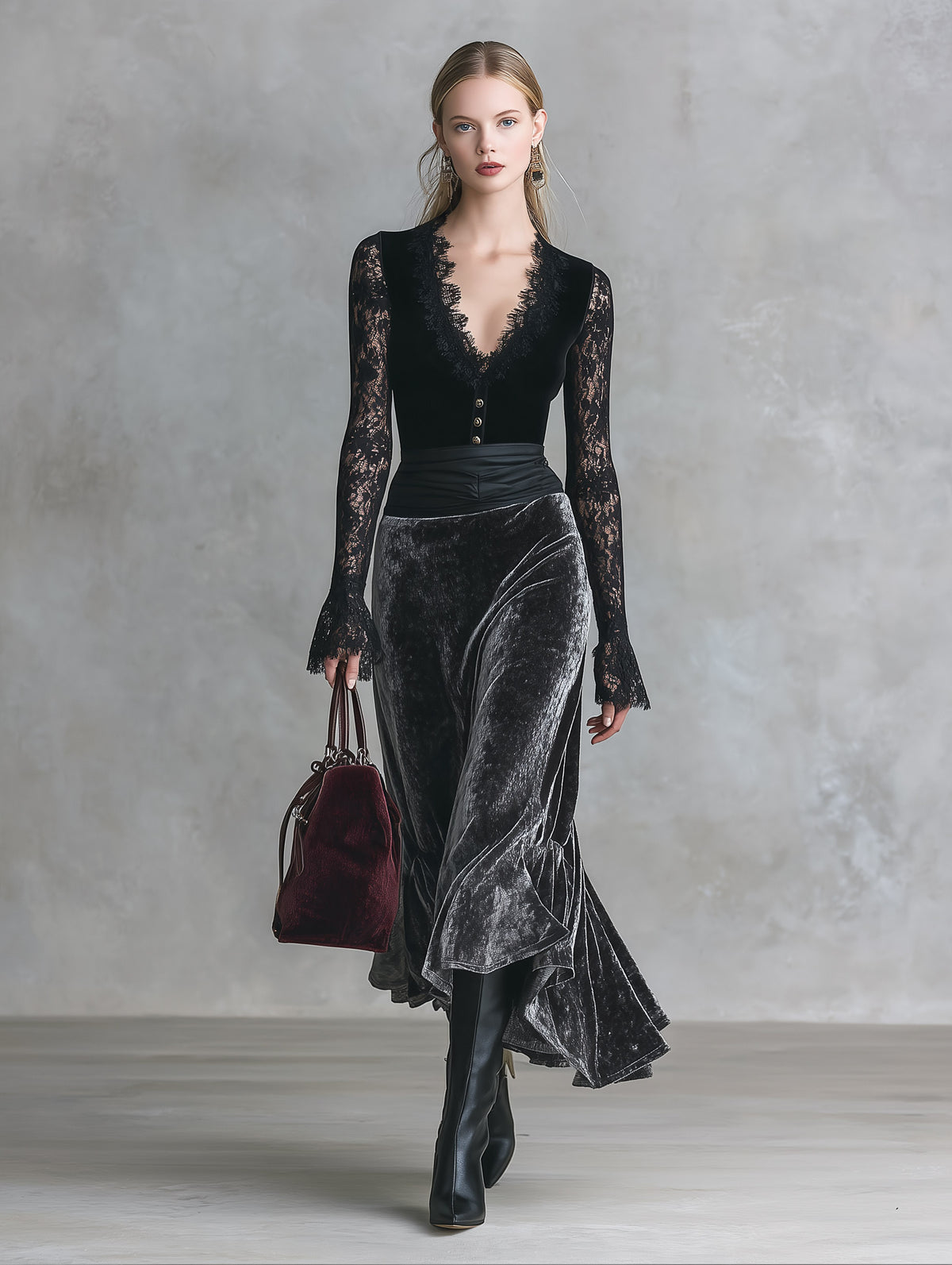 Elegant Party Black Lace And Grey Velvet Patchwork Maxi Dress