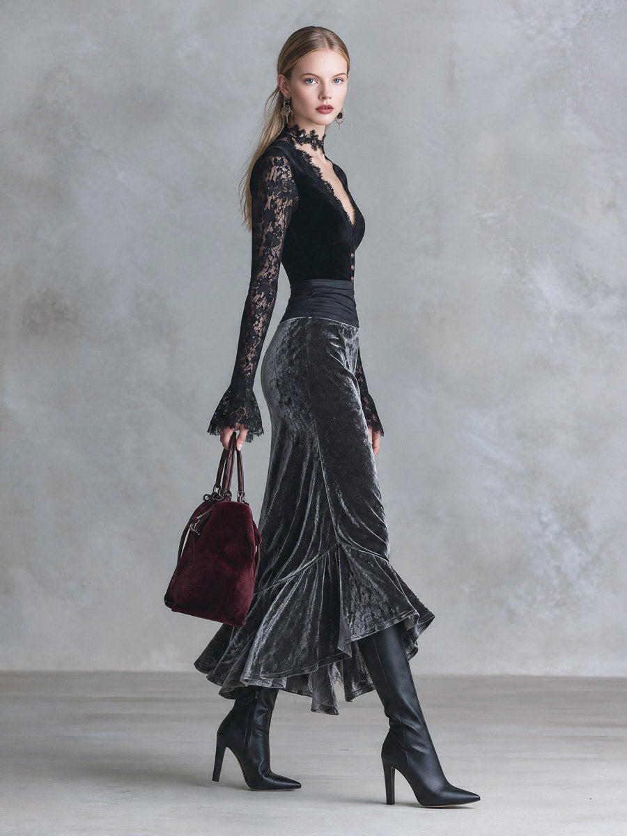Elegant Party Black Lace And Grey Velvet Patchwork Maxi Dress