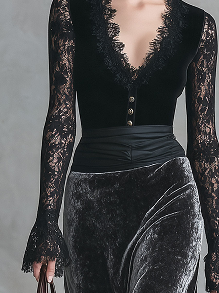 Elegant Party Black Lace And Grey Velvet Patchwork Maxi Dress