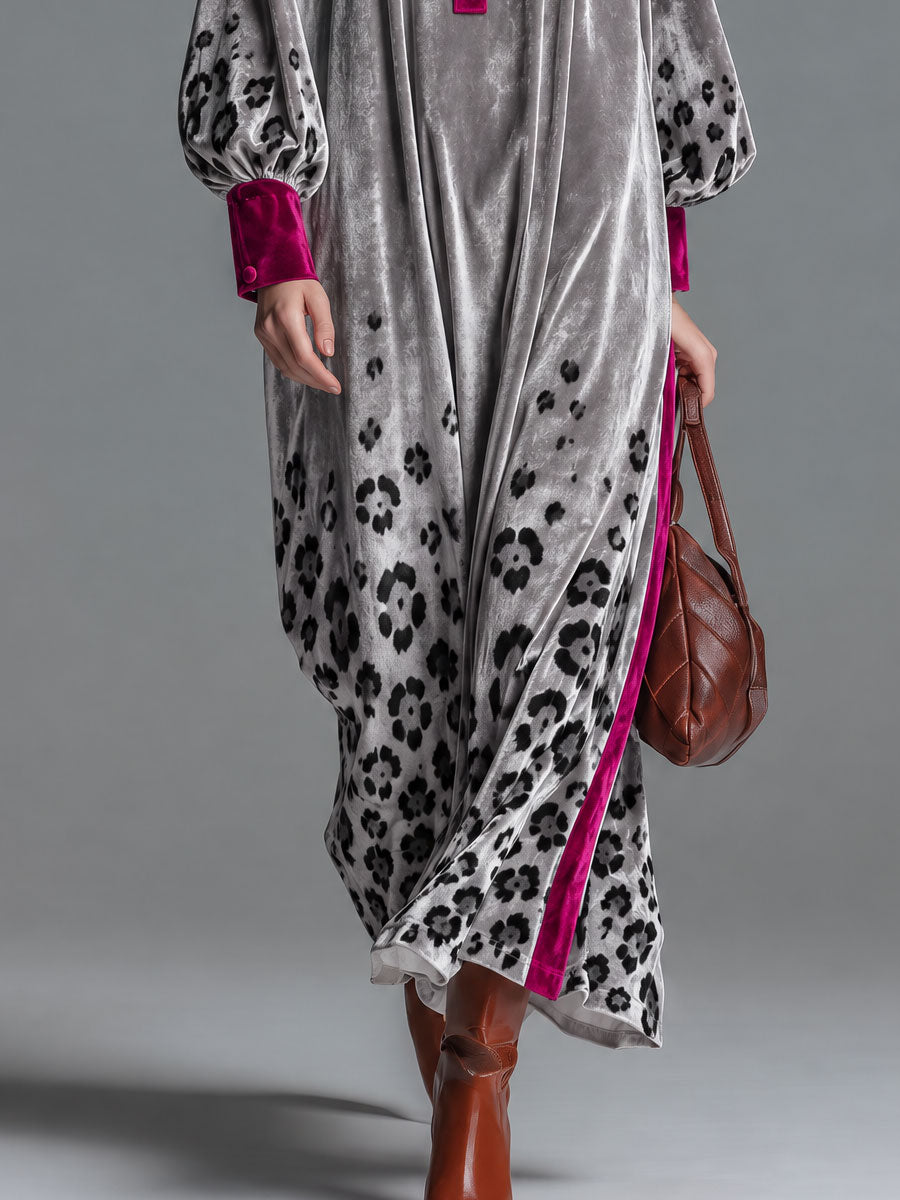 Retro Chic Color-blocked Trim And Leopard Print Silver Henley Collar Velvet Maxi Dress