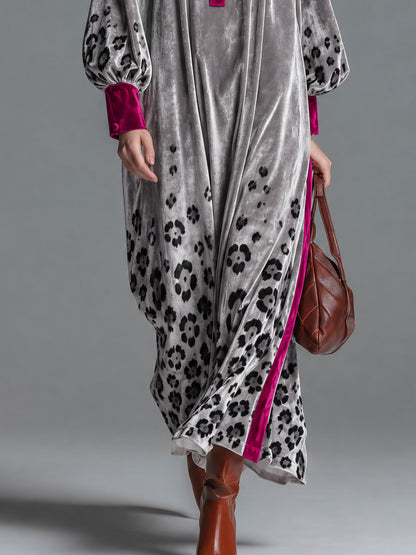 Retro Chic Color-blocked Trim And Leopard Print Silver Henley Collar Velvet Maxi Dress