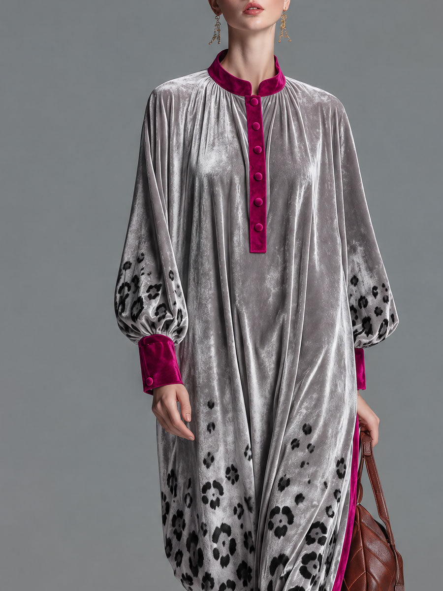 Retro Chic Color-blocked Trim And Leopard Print Silver Henley Collar Velvet Maxi Dress