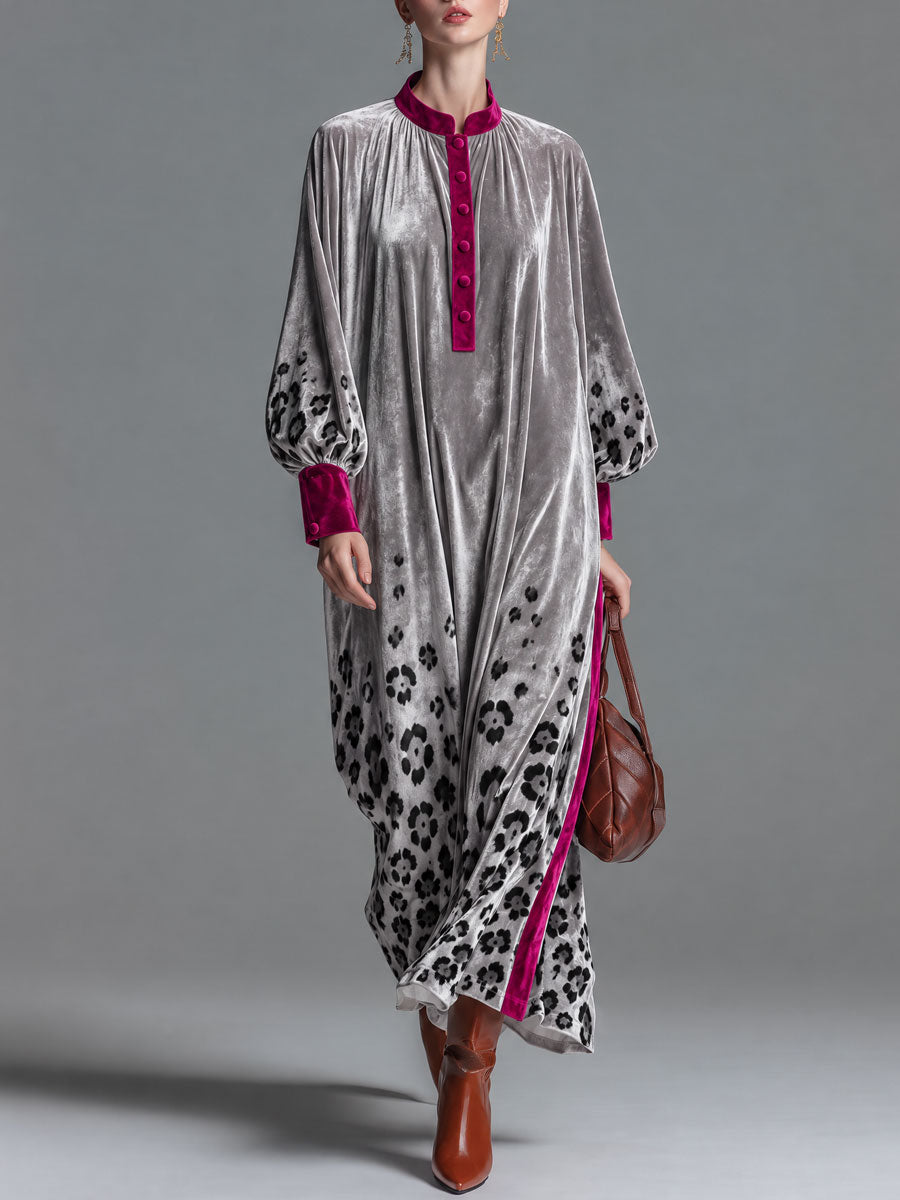 Retro Chic Color-blocked Trim And Leopard Print Silver Henley Collar Velvet Maxi Dress