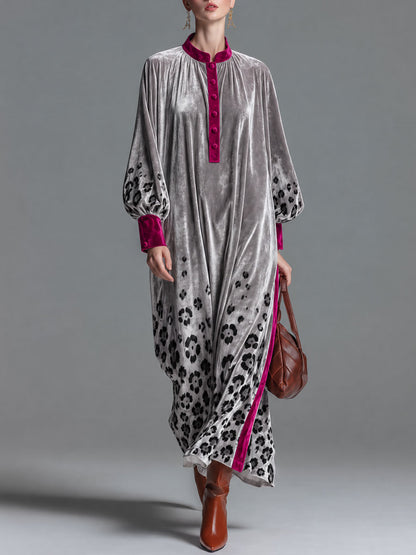 Retro Chic Color-blocked Trim And Leopard Print Silver Henley Collar Velvet Maxi Dress