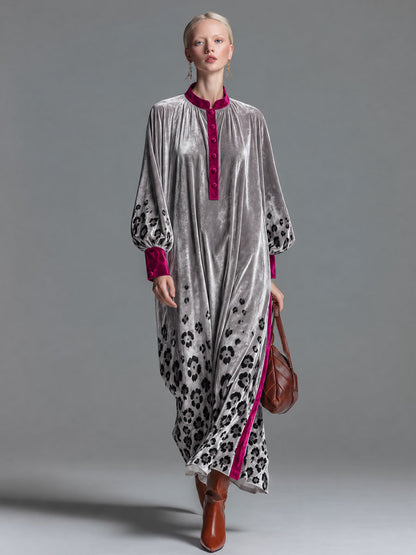 Retro Chic Color-blocked Trim And Leopard Print Silver Henley Collar Velvet Maxi Dress