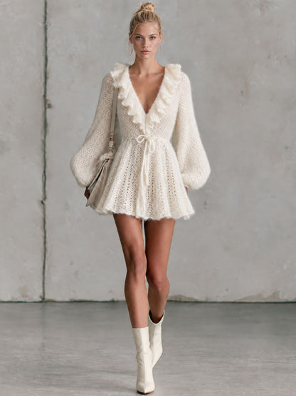 Retro Elegant Waist-tie Off-white Ruffled V-neck Knit Mini Dress