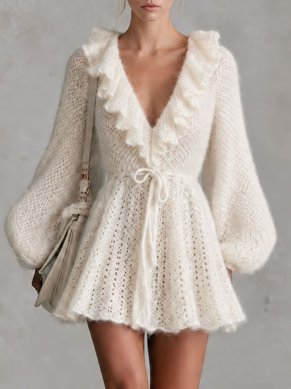 Retro Elegant Waist-tie Off-white Ruffled V-neck Knit Mini Dress