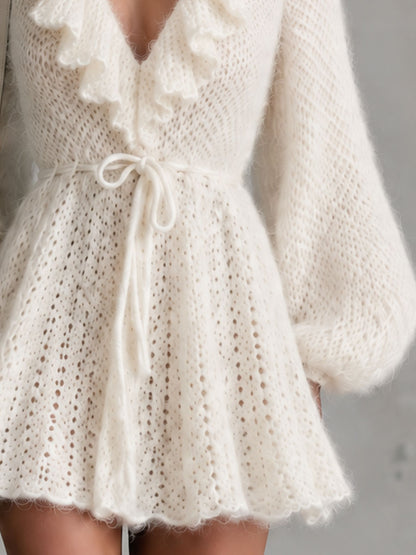 Retro Elegant Waist-tie Off-white Ruffled V-neck Knit Mini Dress