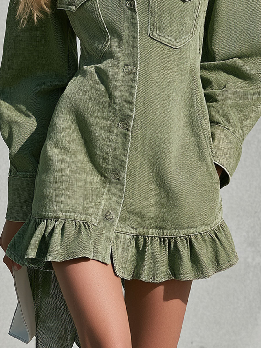 Vintage Faded Green Denim Long-sleeved Ruffle Mini Dress
