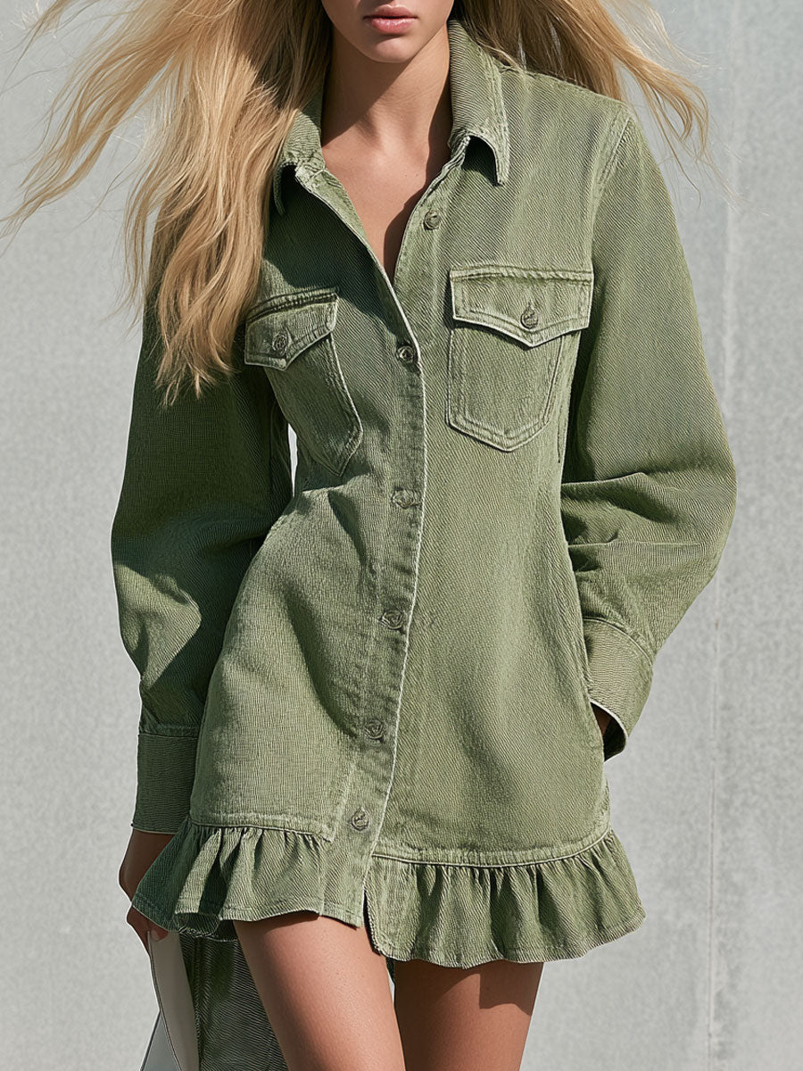 Vintage Faded Green Denim Long-sleeved Ruffle Mini Dress