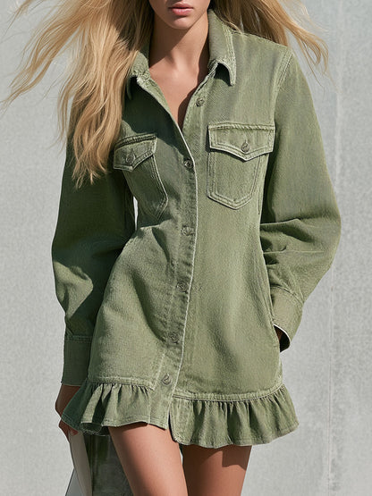 Vintage Faded Green Denim Long-sleeved Ruffle Mini Dress