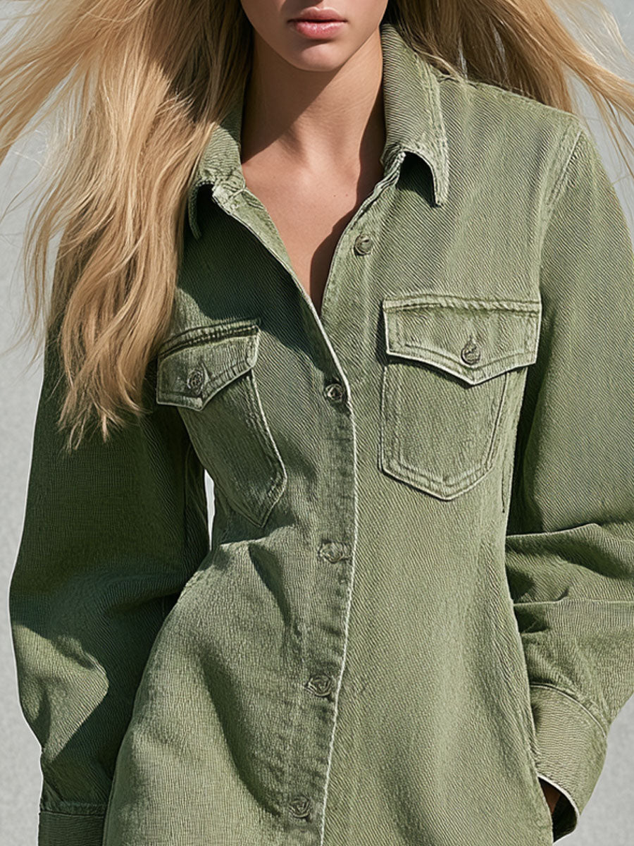 Vintage Faded Green Denim Long-sleeved Ruffle Mini Dress