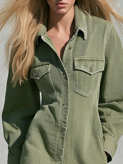Vintage Faded Green Denim Long-sleeved Ruffle Mini Dress
