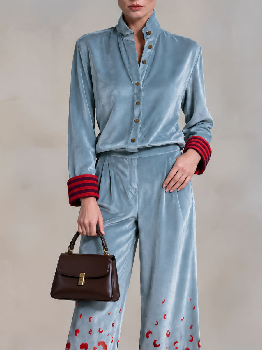 Retro-elegant Color-blocked Striped And Leopard Print Blue Velvet Shirt And Trousers Set