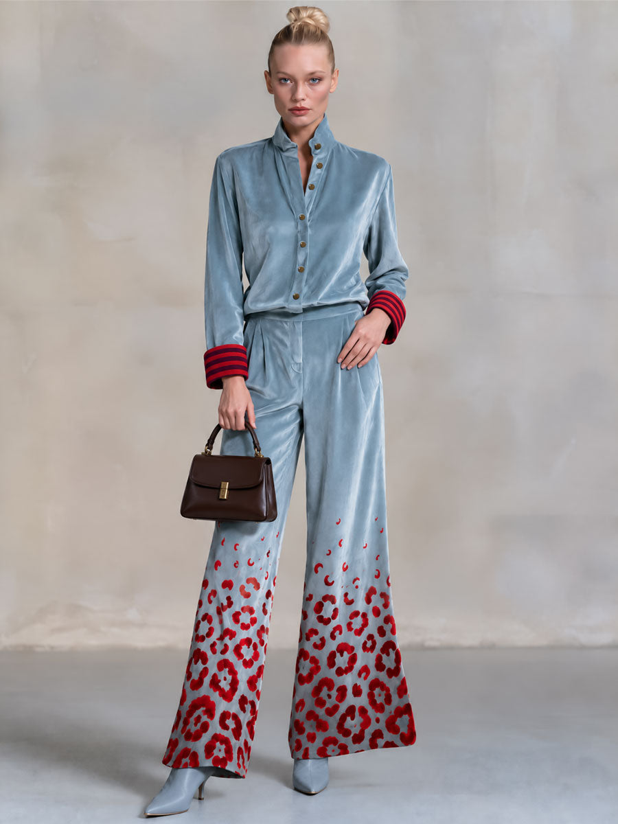 Retro-elegant Color-blocked Striped And Leopard Print Blue Velvet Shirt And Trousers Set