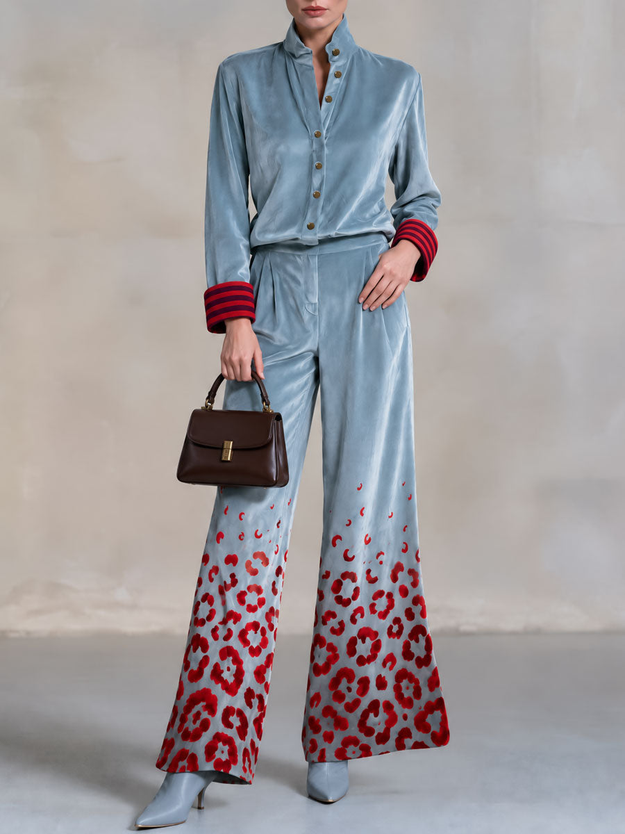 Retro-elegant Color-blocked Striped And Leopard Print Blue Velvet Shirt And Trousers Set