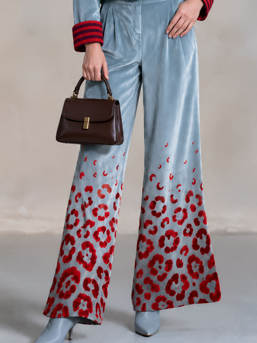 Retro-elegant Color-blocked Striped And Leopard Print Blue Velvet Shirt And Trousers Set