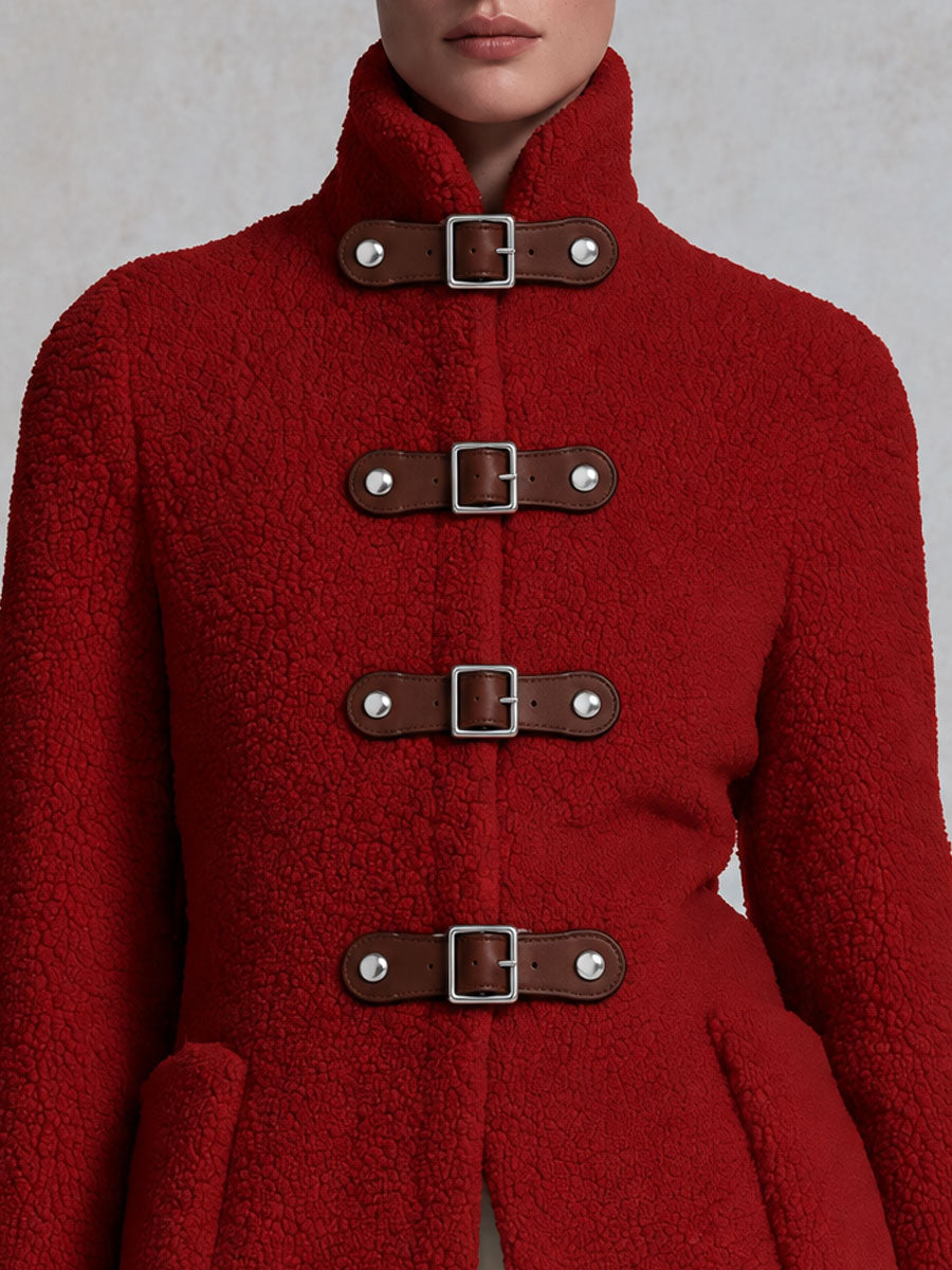 Casual Retro Red Faux Leather Fleece Coat