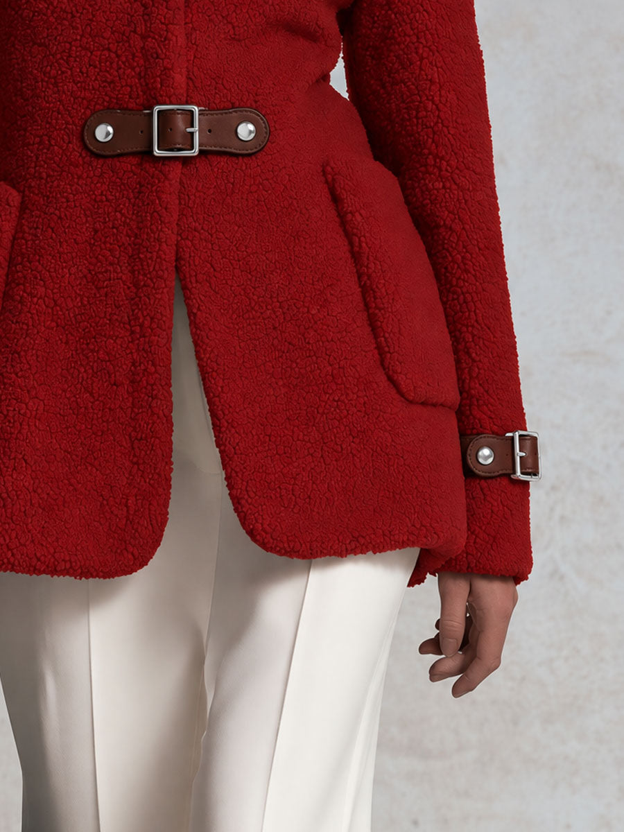 Casual Retro Red Faux Leather Fleece Coat