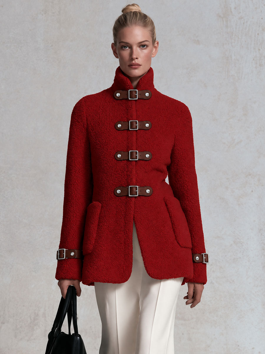 Casual Retro Red Faux Leather Fleece Coat