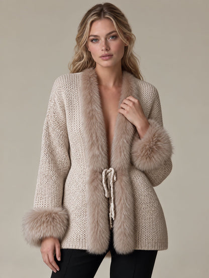 Gentle Retro Faux Fur Trim Light Khaki Knit Cardigan