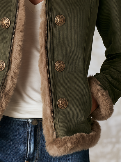 Retro Olive Corduroy Patchwork Faux Fur Coat For Women
