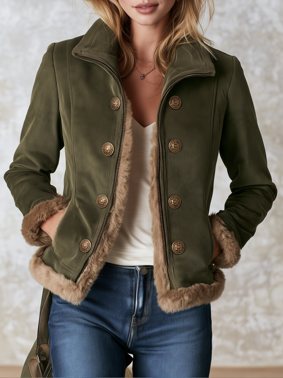 Retro Olive Corduroy Patchwork Faux Fur Coat For Women