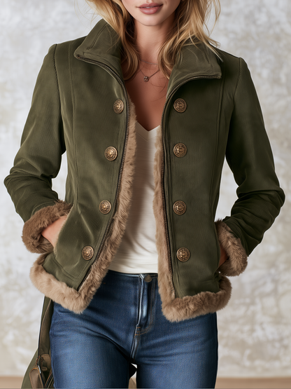 Retro Olive Corduroy Patchwork Faux Fur Coat For Women