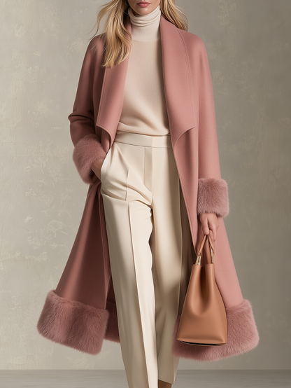 Retro Pink Patchwork Wool-Blend Faux Fur Coat, Vintage Western Women&