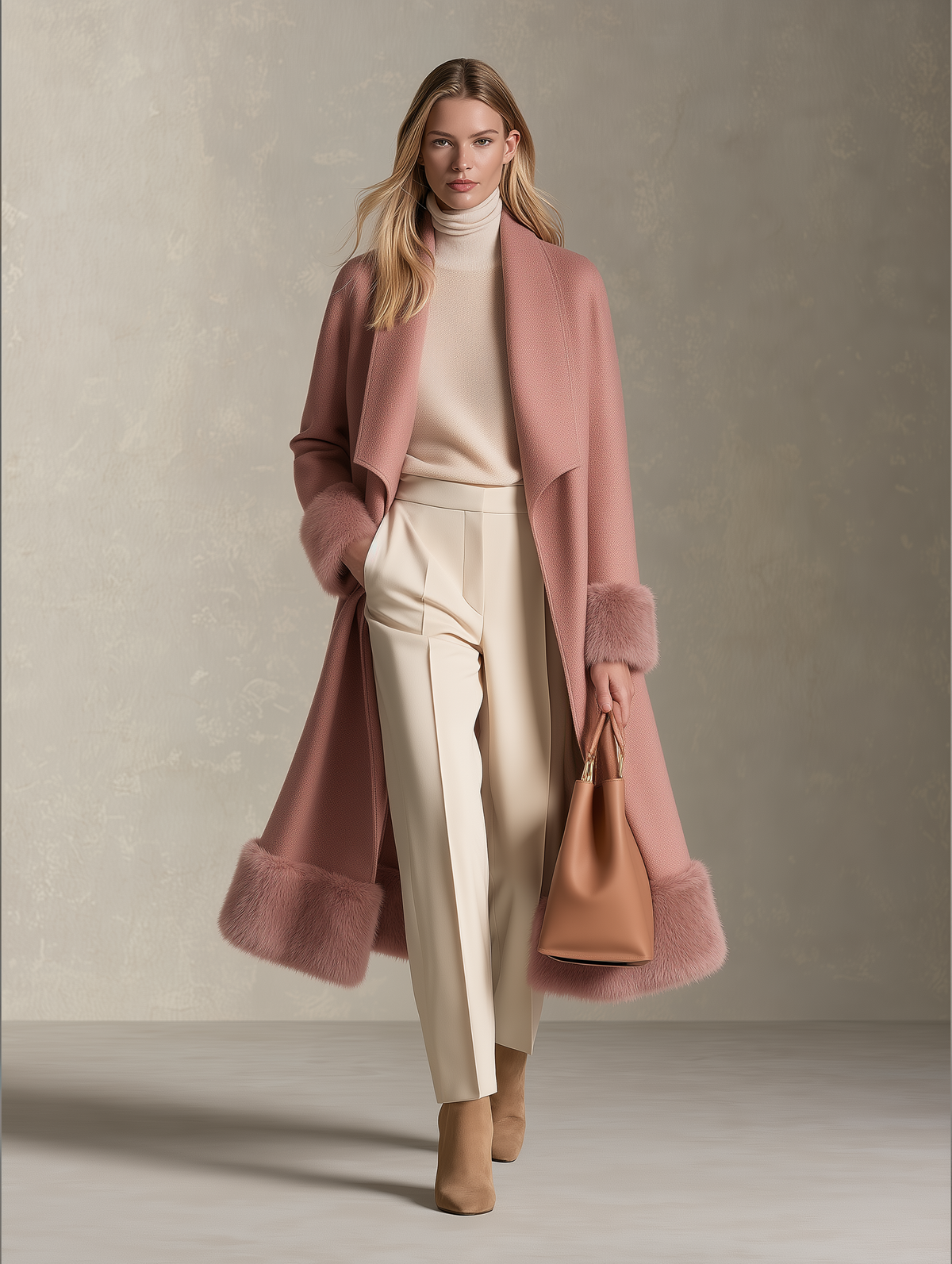Retro Pink Patchwork Wool-Blend Faux Fur Coat, Vintage Western Women&