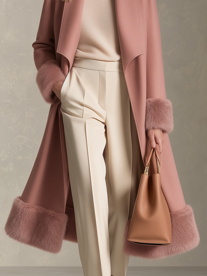 Retro Pink Patchwork Wool-Blend Faux Fur Coat, Vintage Western Women&