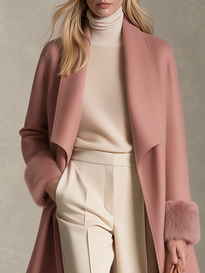 Retro Pink Patchwork Wool-Blend Faux Fur Coat, Vintage Western Women&