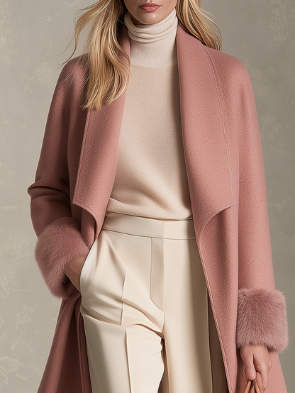 Retro Pink Patchwork Wool-Blend Faux Fur Coat, Vintage Western Women&