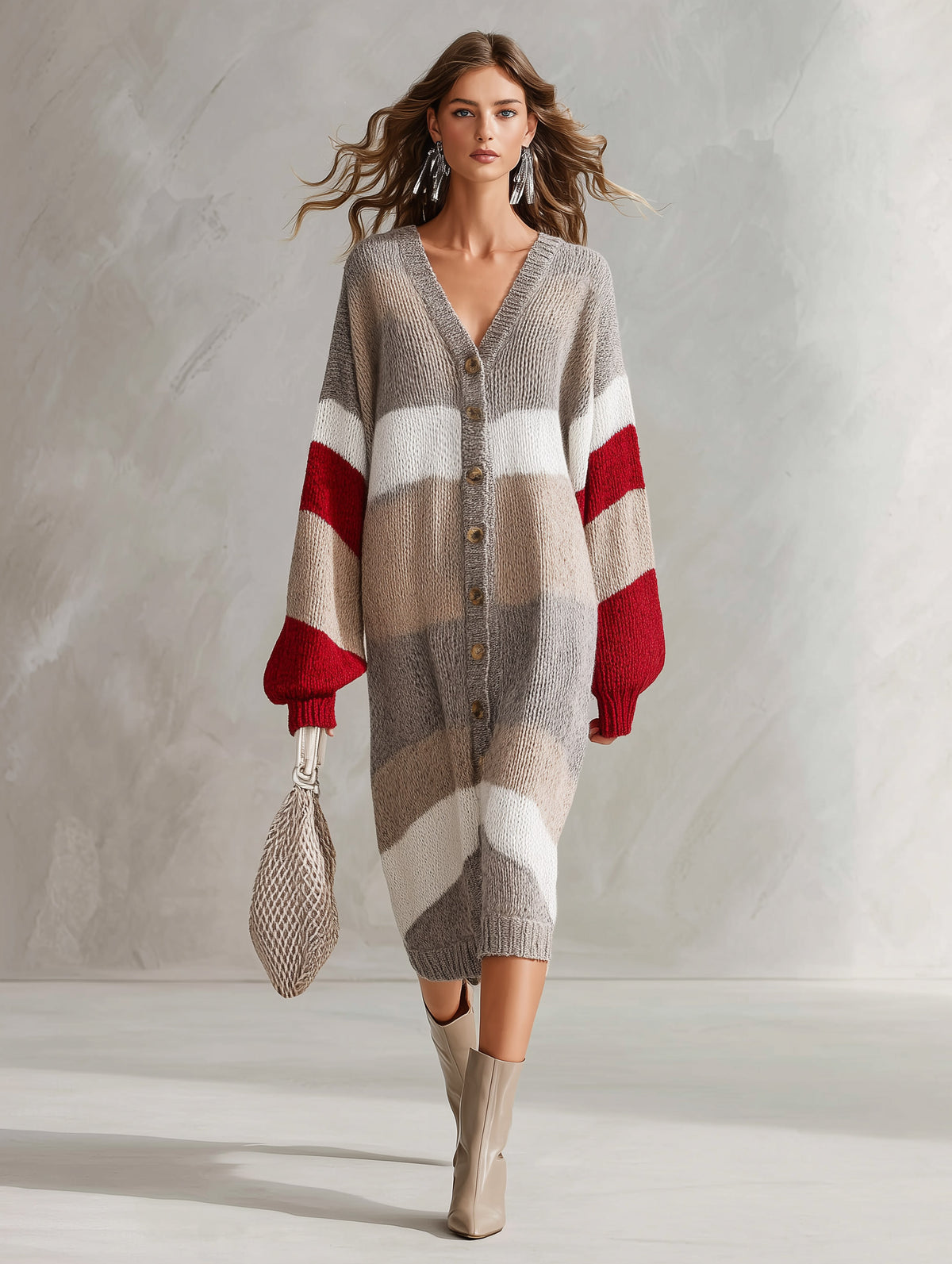 Urban-silhouette Colorblock V-neck Button-down Knit Midi Dress